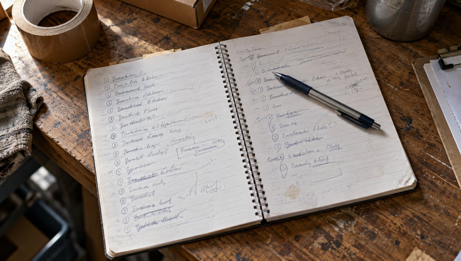 A notebook on a warehouse desk with a numbered list of handwritten questions, a pen across the page