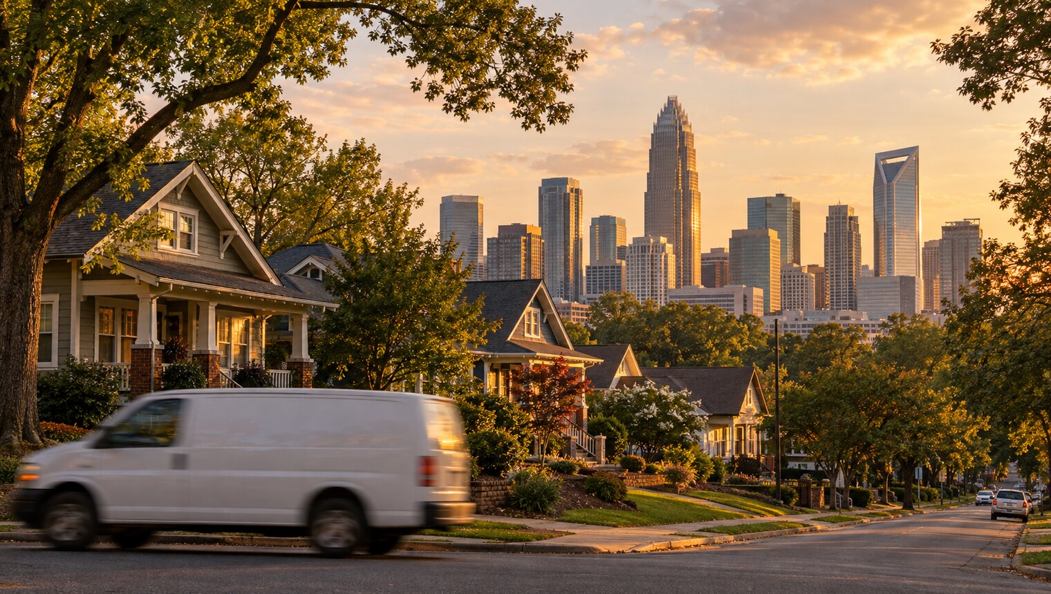 The Charlotte skyline at dusk seen from a residential street, a delivery van passing
