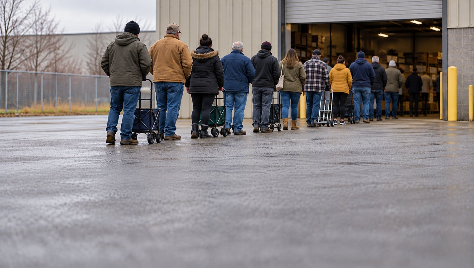 A line of people with carts waiting outside a warehouse roll-up door on an overcast morning