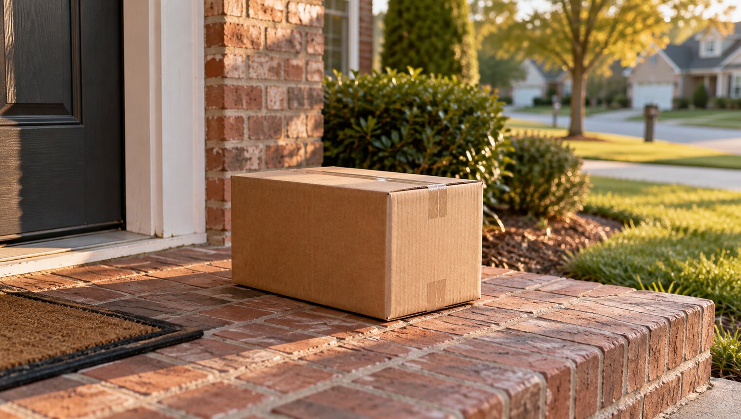 A plain shipping box on a front porch in late afternoon light