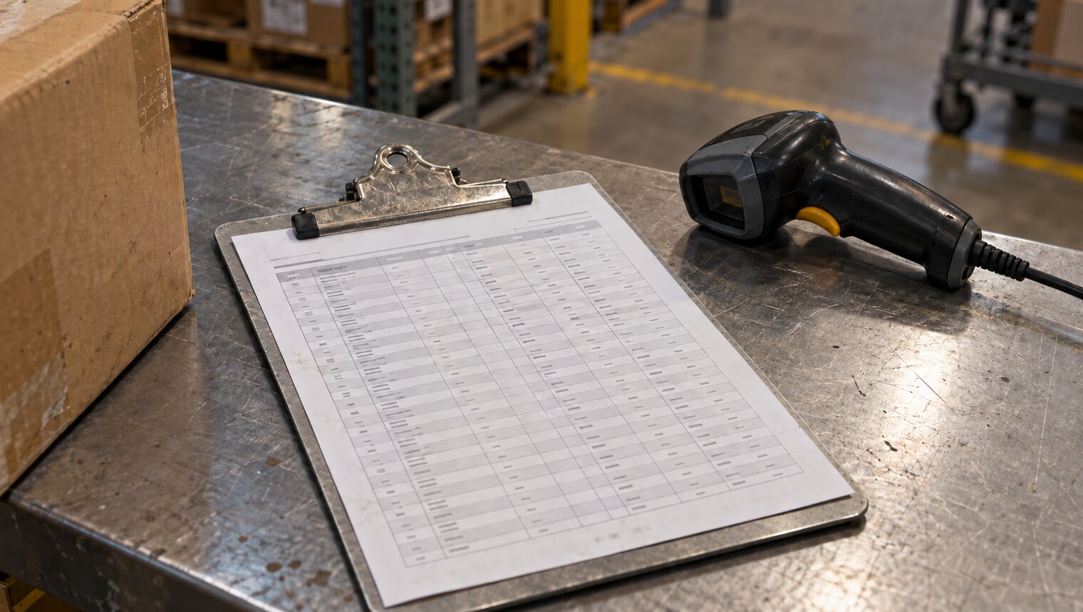 A printed manifest sheet on a clipboard lying beside a handheld barcode scanner on a workbench