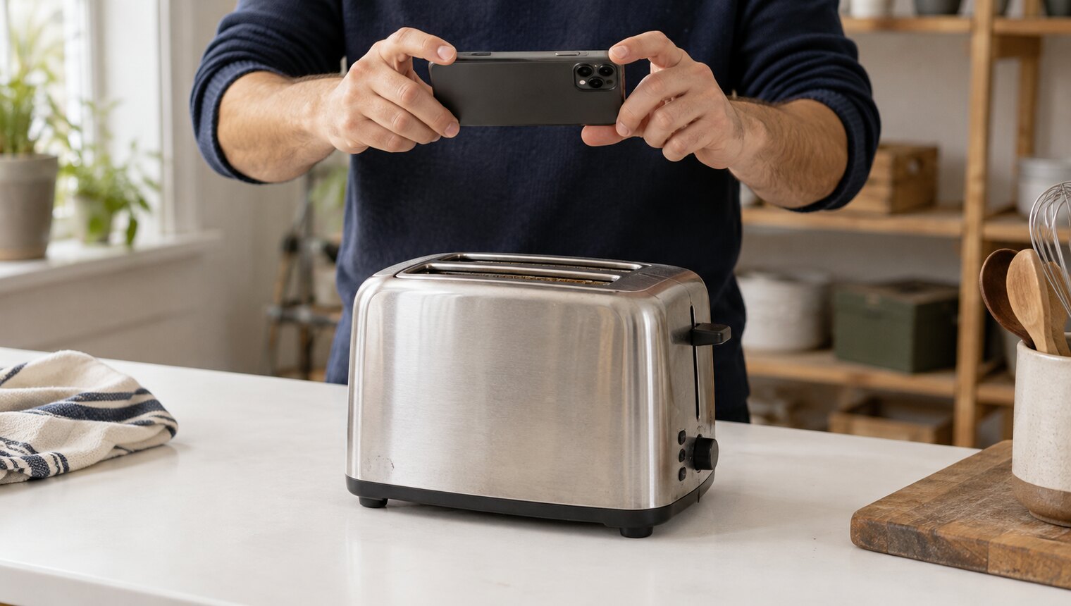 An inspector photographing a small kitchen appliance on a white bench with a phone