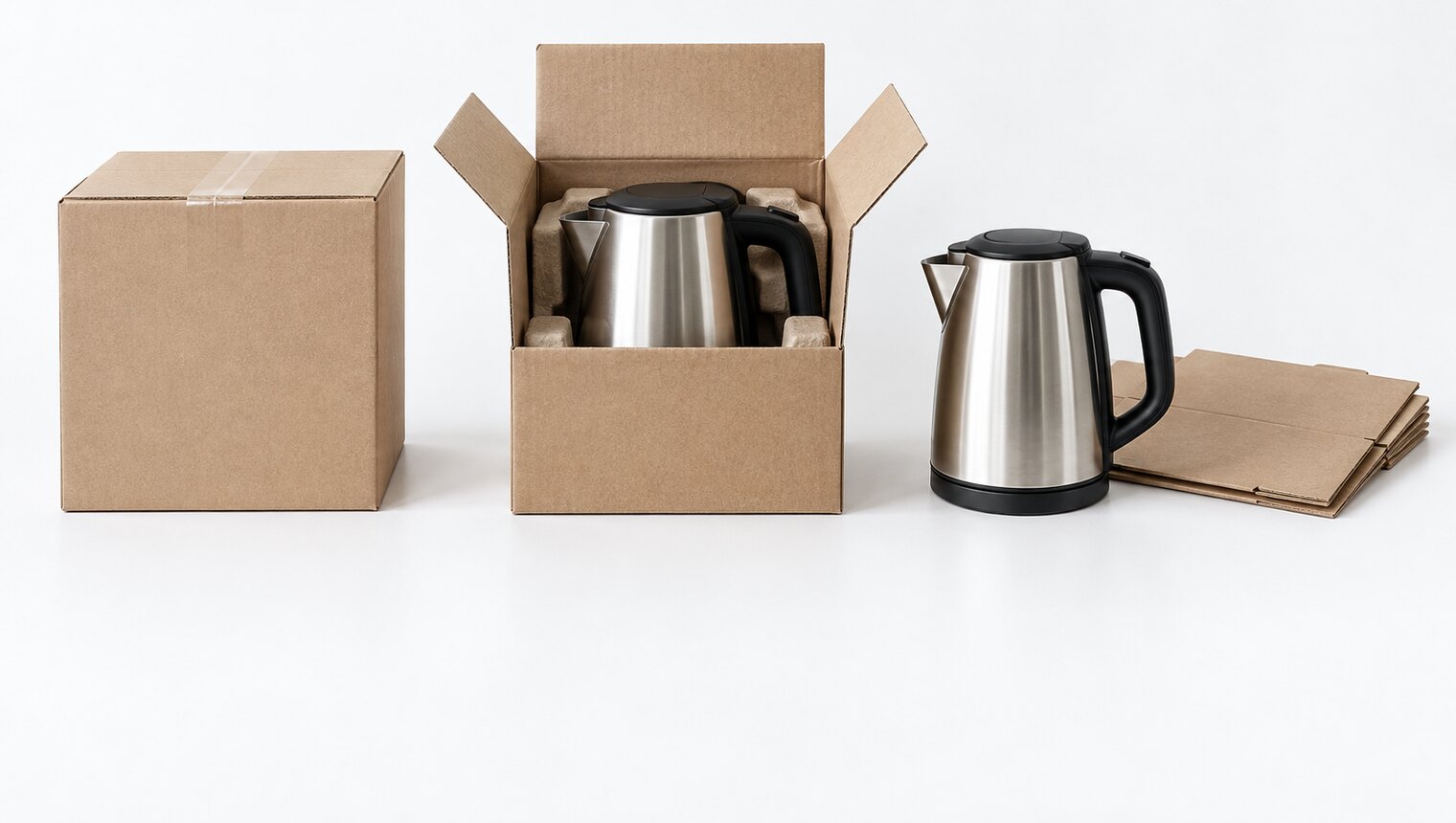 Three identical small appliances side by side: one sealed in its box, one in an opened box, one standing out of the box